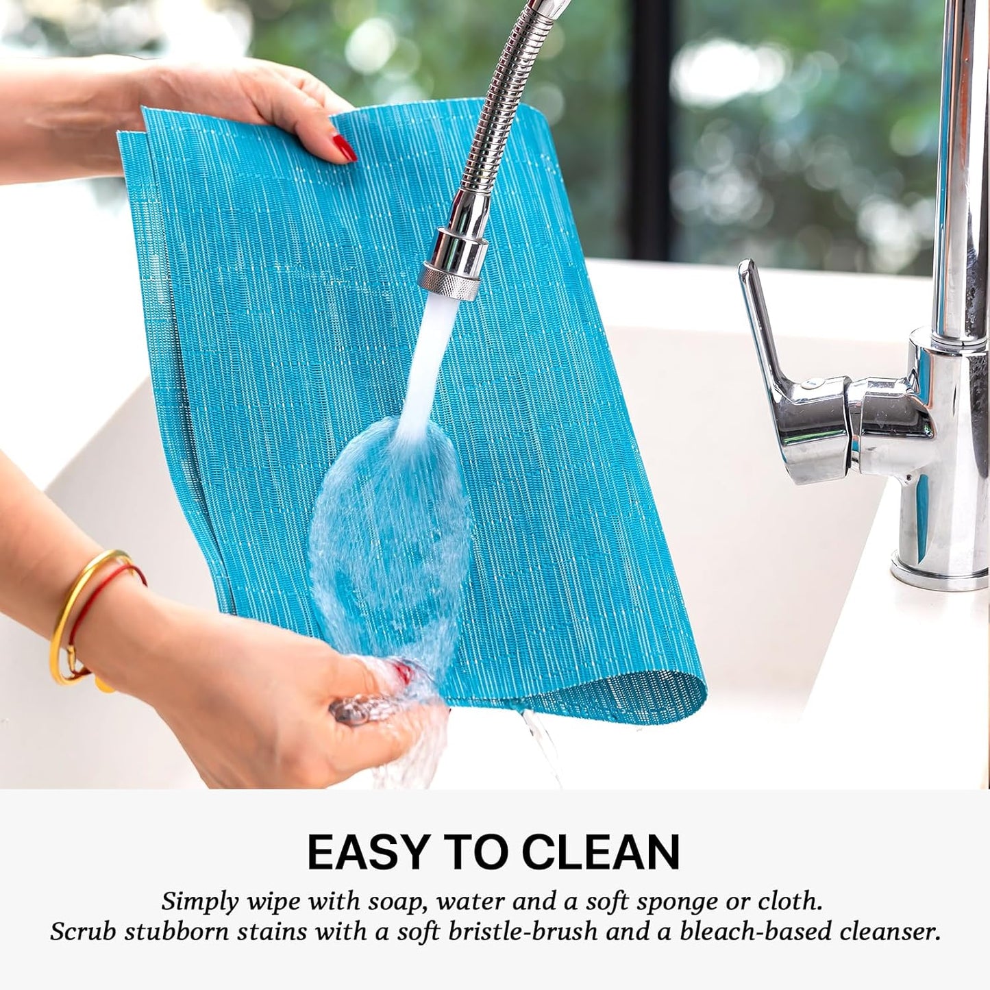 LEXMORE Placemats Set of 6 Vinyl/Plastic Woven Place Mats for Kitchen Table Indoor/Outdoor Washable Placemat Wipeable Dining Table Mats(Teal Blue)