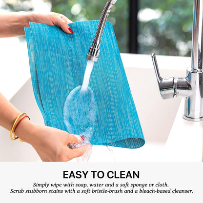 LEXMORE Placemats Set of 8 Vinyl/Plastic Woven Place Mats for Kitchen Table Indoor/Outdoor Washable Placemat Wipeable Dining Table Mats(Teal Blue)