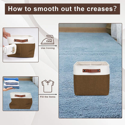 Storage Bins Large Fabric Storage Baskets for Shelves 3 Pack, Decorative Linen Closet Baskets with Handles for Organizing, Shelf, Clothes, Home, Office, 15x11x9.5Inches (Brown&White)