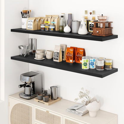 55" Floating Shelves for Wall, 12" Deep Slim Black Floating Shelves, Wall-Mounted Shelves for Bedroom, Living Room, Kitchen, Bathroom - Set of 2