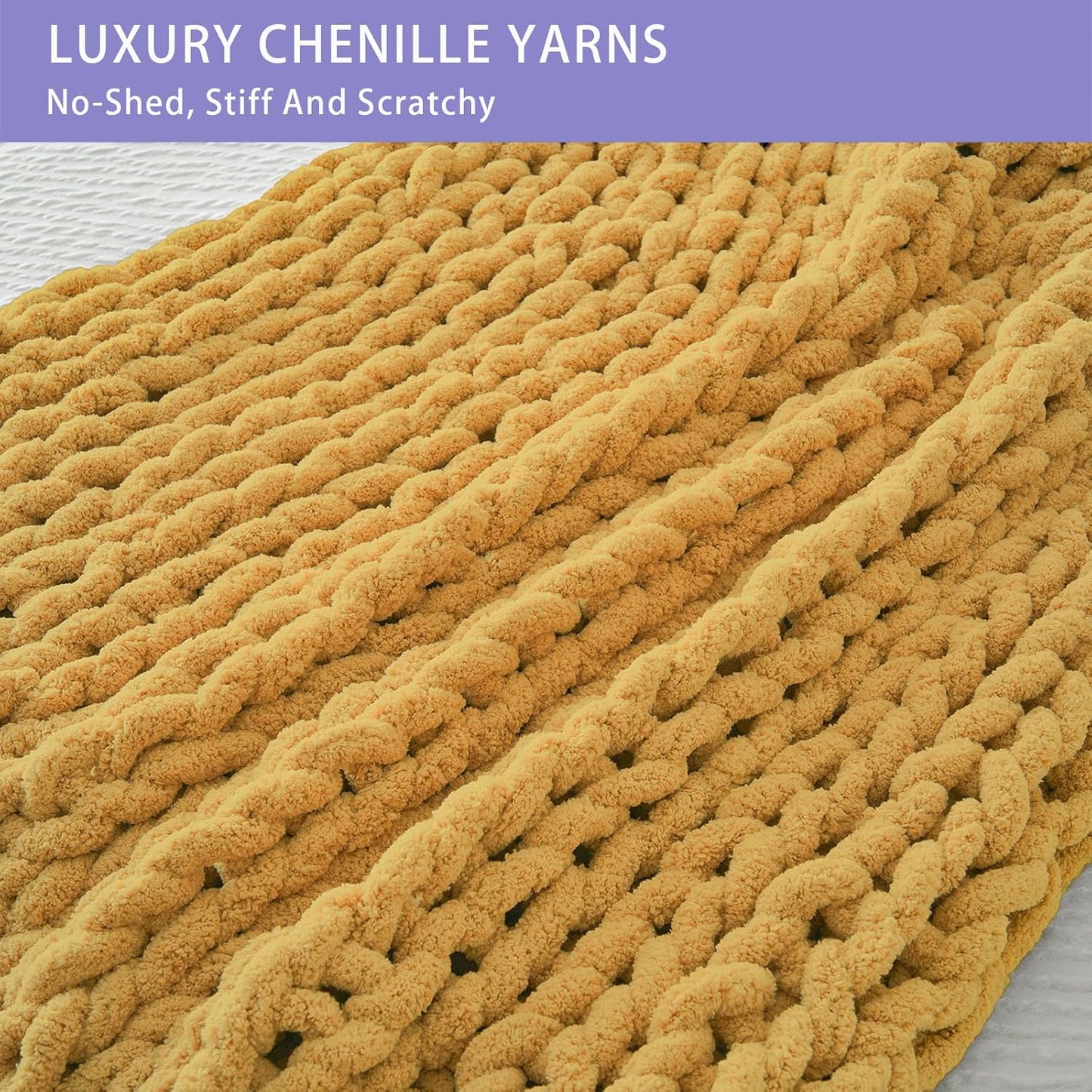 Bigacogo Chunky Knit Throw Blanket for Couch, 40x40 inches, 100% Hand Knitted with Thick Jumbo Chenille Yarn, Cozy Soft Large Rope Knot Cable Crochet Blankets for Sofa Bed Living Room, Mustard Yellow