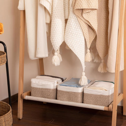 3 Pack Small Storage Baskets for Organizing, Cute Woven Decorative Gift Baskets for Shelves, Mini Closet Organizer Bins with Handles-13''Lx8.66''Wx5.11''H-Brown and White