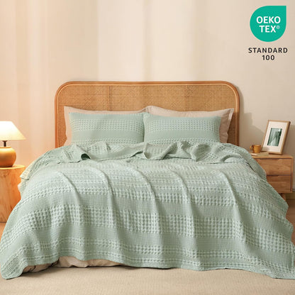 PHF 100% Cotton Waffle Weave Blanket Queen Size, Soft Lightweight Breathable Cozy Summer Blankets for Bed, Luxury Aesthetic Woven Bedding for Home Decor, 90"x90", Sage Green