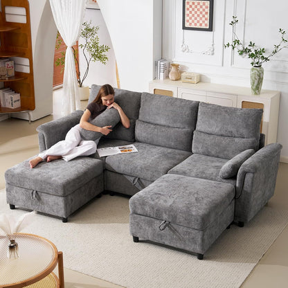 103''U Shaped Modular Sectional Sofa, Comfy Cloud Sectional Couch with Storage Ottoman, Chenille Deep Seat Modern Modular Sofa with 2 Throw Pillows for Living Room,Grey