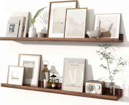 Fun Memories Picture Ledge Shelves Set of 2, 36 Inch Rustic Wall Mounted Floating Shelves with Lip for Home Storage and Décor in Bathroom, Kitchen, Nursery, Bedroom, Living Room, Walnut
