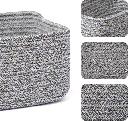 Small Storage Baskets for Organizing | Closet Organizer Bins | Shelf Toy Basket | Woven Rope Baskets | Cube Decorative Box | Shallow Basket | 11.5x7.5x4.7” | 3 Packs Mixed Grey