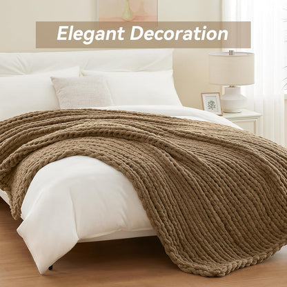 Chunky Knit Throw Blanket, 30''*40'' Knitted Throw Chenille Yarn for Bed Couch, Handmade Light Brown Crochet Big Thick Blanket, Machine Washable Cute Comfy Blanket for Home Decor