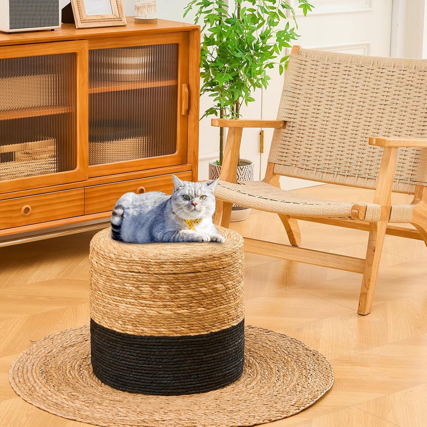 Wimarsbon 18'' Ottoman Pouf, Natural Braided Poof, Rustic Handweave Lounge Pouffe, Boho Footrest Stool for Bedroom, Accent Table for Living Room (Storage - 18inch Cattail+Black Corn Husk L)