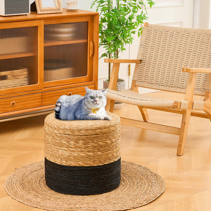 Wimarsbon 18'' Ottoman Pouf, Natural Braided Poof, Rustic Handweave Lounge Pouffe, Boho Footrest Stool for Bedroom, Accent Table for Living Room (Storage - 18inch Cattail+Black Corn Husk L)