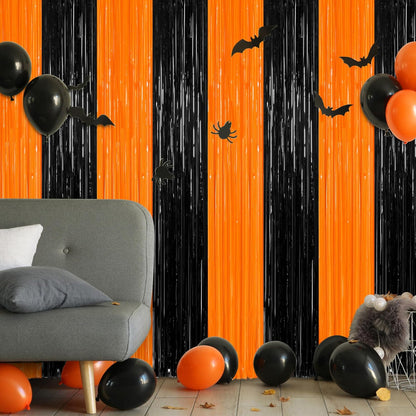 2 Pack Halloween Photo Backdrop, 3.28 FT x 7.05 FT Orange and Black Party Streamer, Metallic Foil Fringe Curtains Tinsel Backdrop, Halloween Birthday Party Decorations Hanging Decor Indoor