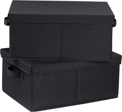 HOONEX Storage Bins with Lids for Organizing, Pack of 2, Storage Boxes with 2 Carrying Handles and Sturdy Heavy Cardboard, 16.5" L x 11.8" W x 7.5" H for Shoes, Books, Clothes, Black