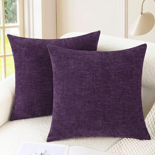 CaliTime Throw Pillow Covers Decorative 26 X 26 Inches Pack of 2 Cozy Chenille Cushion Cases for Couch Sofa Bed Living Room Home Plum Purple