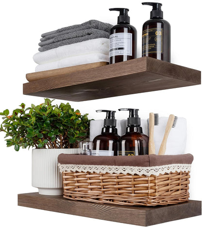 BGMG Wood Floating Shelves for Wall 18 inch Set of 2, Rustic Wooden Wall Mount Shelves for Bathroom Living Room Bedroom Kitchen Farmhouse Set of 2-18x 6.7 x1.25 inch- Walnut Color