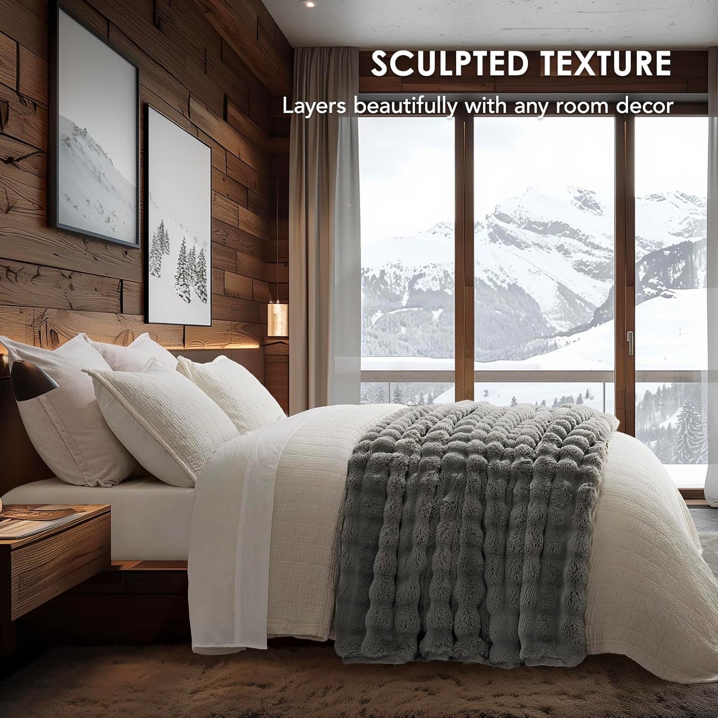 EVERGRACE Ultra Soft Luxury Fluffy Ridgeline Faux Rabbit Fur Throw Blanket, Thick Warm Bubble Throw for Bed, Cozy Plush Reversible Blankets for Couch, Chair, Sofa, Grey, 60x80 Inches, 870 GSM