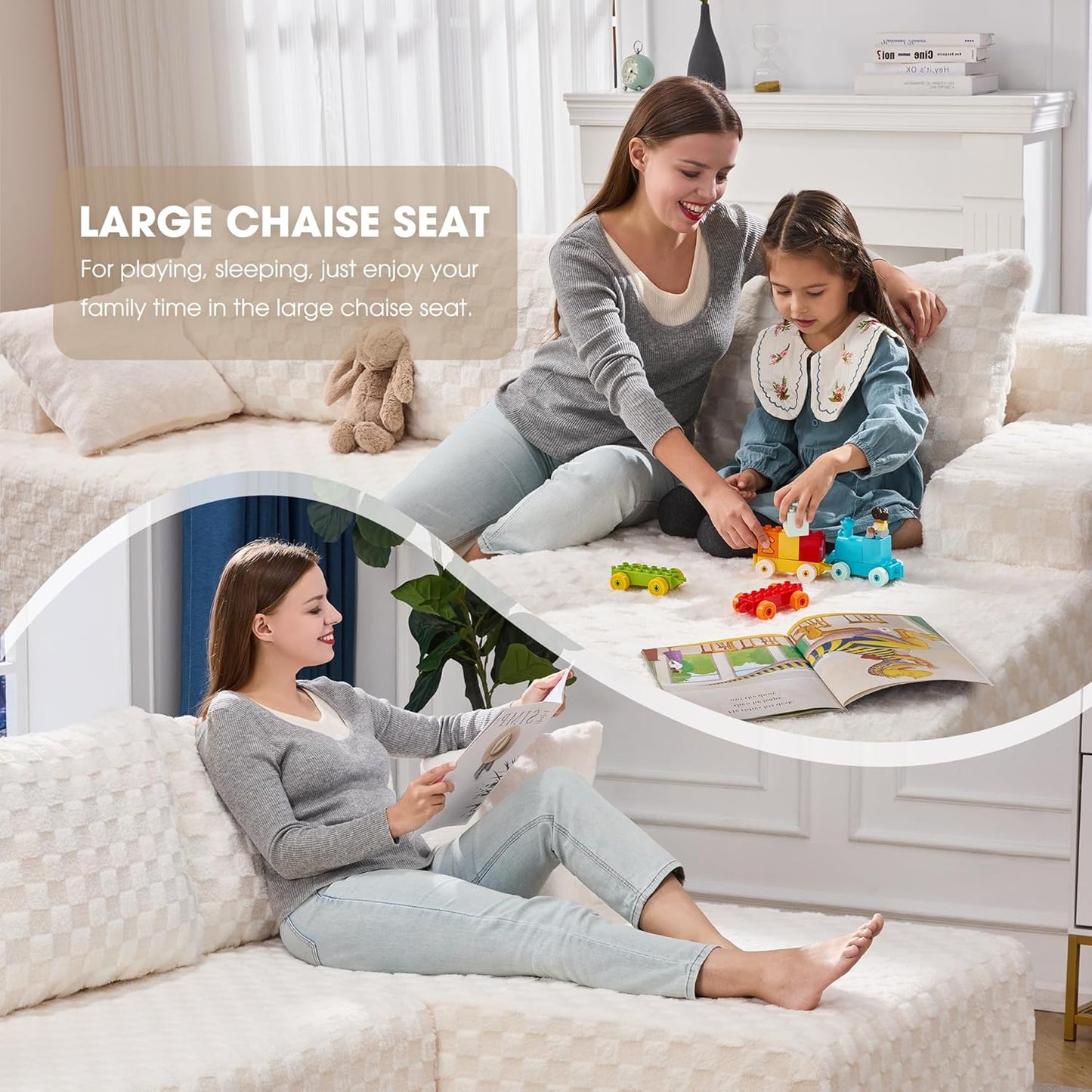 Hobestluk 96“ Modular Sectional Sofa Couches L-Shape Couch 3 Seat Modular Sofa Memory Foam Sectional Couches for Living Room, Cloud Couch with Oversized Chaise (White, Checked (Right Facing Chaise))