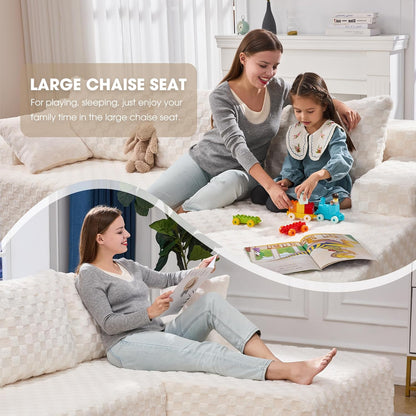 Hobestluk 96“ Modular Sectional Sofa Couches L-Shape Couch 3 Seat Modular Sofa Memory Foam Sectional Couches for Living Room, Cloud Couch with Oversized Chaise (White, Checked (Right Facing Chaise))