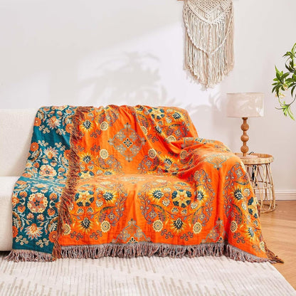 Boho Throw Blanket, 100% Cotton Ultra Soft Luxury Throw Rustic Quilt, 90"x98" Floral Printed Farmhouse Decor Bed Summer Blankets, All Season Rustic Reversible Bohemian Throw for Bed - Orange