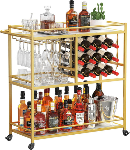 Lifewit Bar Cart for The Home, 3 Tier Drink Cart with Lockable Wheels, 12 Wine Rack and 3 Rows Glass Holders, Liquor Serving Cart for Kitchen Dining Livingroom, 31.6" x 13.1" x 33.9", Gold