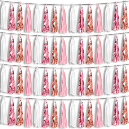 4P Pink White Peach Rose Gold Tassels Party Tassel Garland Banner, Tassels Banner Streamers for Parade Floats, Bachelorette, Wedding, Birthday, Christmas, Bridal/Baby Shower Party Decorations