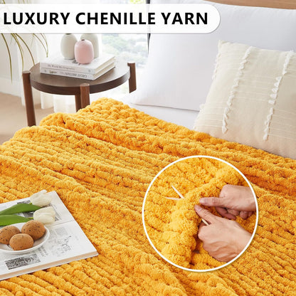 L'AGRATY Chunky Knit Blanket Throw: 80''x90'' Chenille Chunky Knitted Throw Blanket for Bed Couch - Handmade Thick Big Cable Knit Blanket - Large Chunky Crochet Rope Blanket for Home Decor(Yellow)