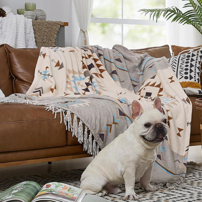 CASAAGUSTO Boho Throw Blanket - Green and Beige Decorative Blankets with Tassel, Printed Flannel Bohemian Blanket for Chair, Bed, Sofa, Couch(60 * 80, Green and Beige)