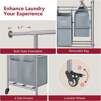 Tajsoon Laundry Sorter with Hanging Bar, 4 Section Rolling Laundry Hamper with Heavy Duty Lockable Wheels, Laundry Sorter Cart for Bathroom & Bedroom, Gray