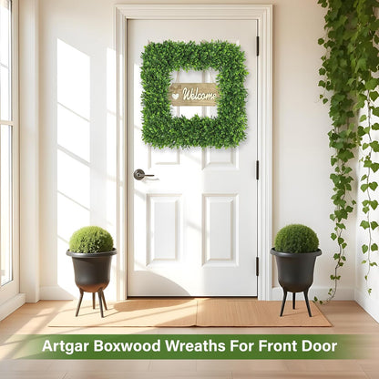 Artgar 22Inch Boxwood Wreath, Spring Wreaths for Front Door, Realistic Green Square Boxwood Wreath for Year-Round Decor, Artificial Summer Wreaths for Wedding Farmhouse Indoor/Outdoor Porch Decor