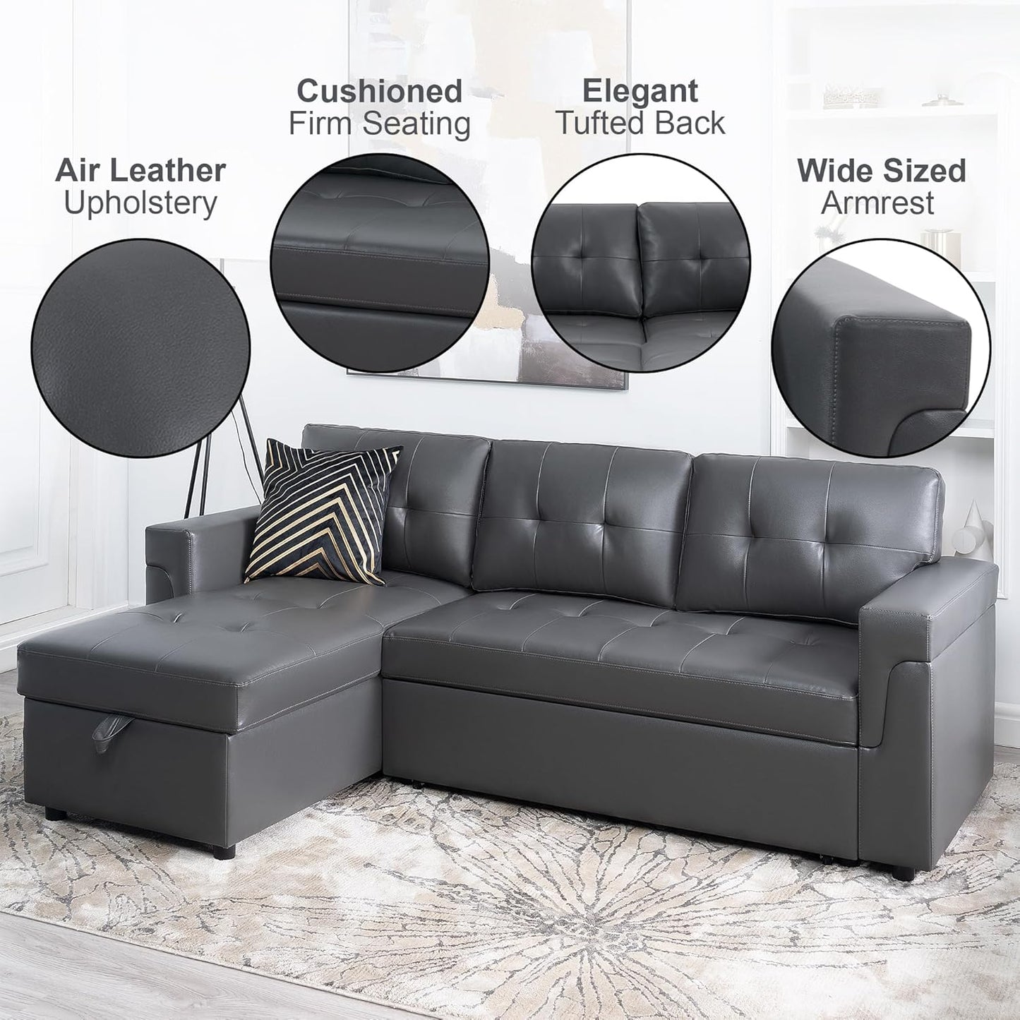 Naomi Home Transform Any Space: Sleeper Sectional Sofa with Convertible Sofa Bed & Inviting Chaise. Find Tranquil Comfort with Stress-Relieving Design & Durable Cushions - Dark Gray/Air Leather