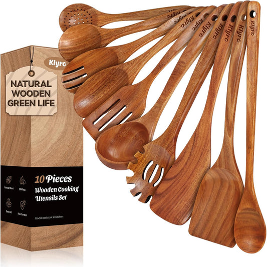 Teak Wooden Cooking Utensils Set, 10 Piece Premium Kitchen Cookware, Non-Scratch Wooden Spoons for