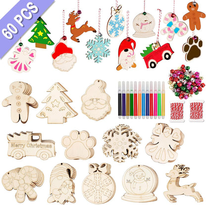 GUDELAK 60PCS DIY Wooden Christmas Ornaments, 12 Styles Christmas Crafts for Kids Adults with Ropes, 60 Bells and 12 Colored Pens, Unfinished Wood Ornaments Making Kit for Christmas Tree Decorations
