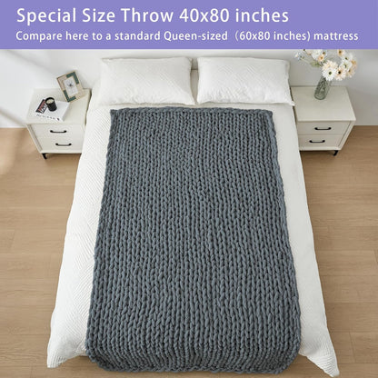 Bigacogo Chunky Knit Throw Blanket for Couch, 40x80 inches, 100% Hand Knitted with Thick Jumbo Chenille Yarn, Cozy Soft Large Rope Knot Cable Crochet Blankets for Sofa Bed Living Room, Iron Gray