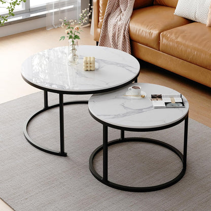 ZL ZELing White Nesting Coffee Table Set of 2, 27'' Round Coffee Table Sintered Stone Top & Metal Frame, End Tables Center Table for Living Room, Small Space