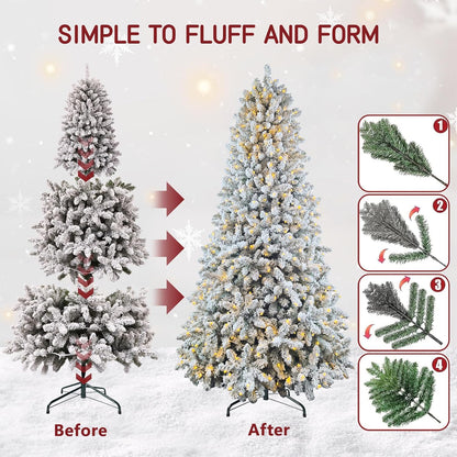 7.5ft Pre-lit Artificial Snow Flocked Christmas Tree with Quick Power Connect, 798 Warm White & Multi-Color LED Lights, and 1869 Branch Tips – Easy 3-Minute Setup Pencil Xmas Tree