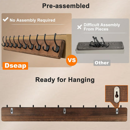 Dseap Coat Rack Wall: 38-1/4" Long, Patented, Heavy-Duty, 10-Double-Hooks Wooden Wall Mounted Coat Rack Coat Hanger Hook Rail for Winter Coats Hat Jacket Clothing, Weathered Brown, Pack of 2