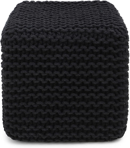 REDEARTH Cube Pouf Foot Stool Ottoman - Hand Knitted Poof - Cord Boho Pouffe - Home Décor - Stuffed Footrest for Living Room - Bedroom - Covered Patio (16" x 16" x 16") - Black