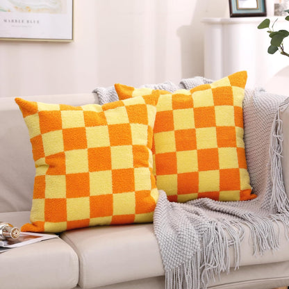 Alysheer Checkered Embroidered Decorative Throw Pillow Covers 18"x 18" Set of 2, Farmhouse Boho Orange Yellow Plaid Tufted Patterned Cotton Canvas Cushion Case for Sofa Couch Bed Living Room Outdoor