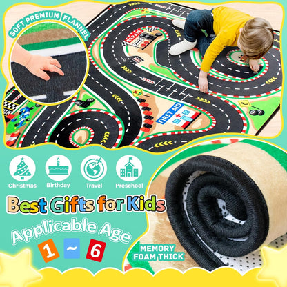 Kids Rug, Race Track Baby Play Mats, Realistic 3D Cascading Surround Route, 4x6 Ft Kids Rug for Playroom, Great for Playing with Cars and Toys, Non-Slip Car Carpet