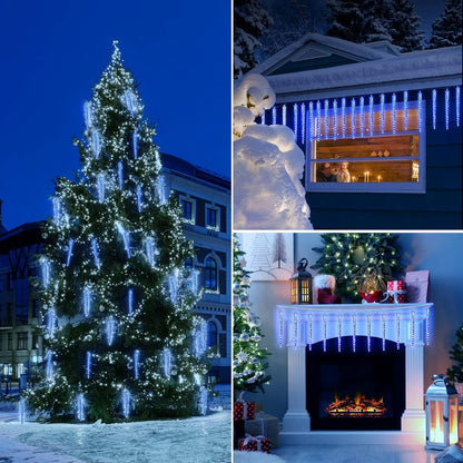 Brightown Christmas Meteor Shower Icicle Lights Outdoor, 30ft with 30 Tube 720 LED Dropping Effect, Waterproof Decorations for House Eave Roofline, Blue