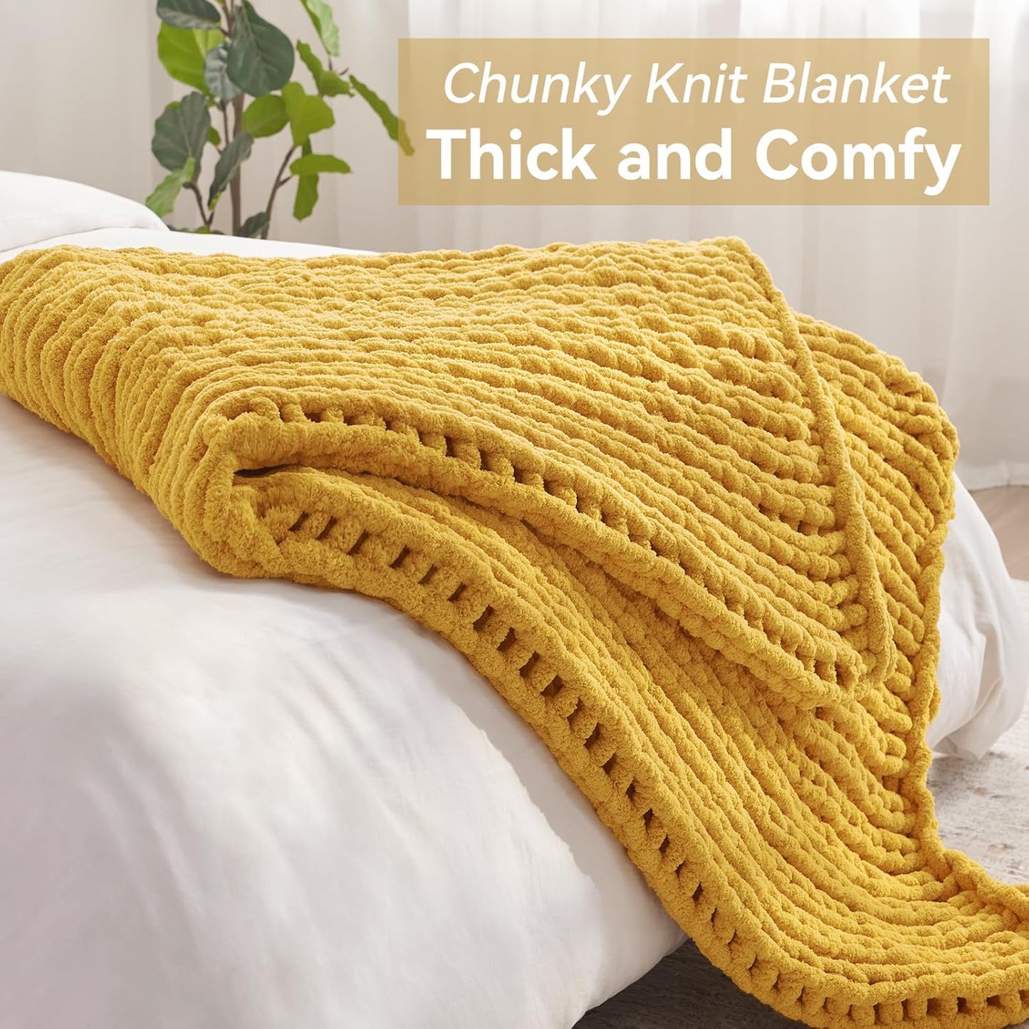 Chunky Knit Throw Blanket, 30''*40'' Knitted Throw Chenille Yarn for Bed Couch, Handmade Yellow Crochet Big Thick Blanket, Machine Washable Cute Comfy Blanket for Home Decor