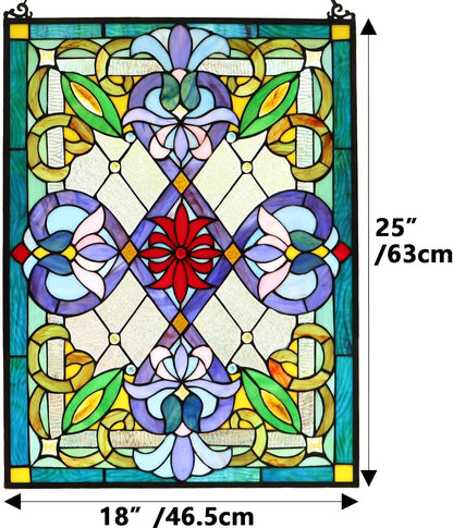 Bieye W10028 Victorian Tiffany Style Stained Glass Window Panel with Chain, Rectangular Shape, 18" W x 25" H