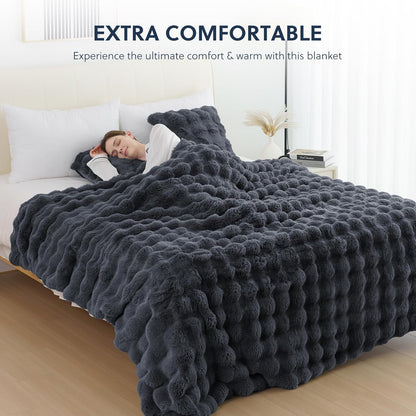 Cozy Faux Fur Throw Blanket for Bed-Warm Fuzzy Throw Blanket, Soft Plush Thick Bubble Blankets for Bedroom and Living Room, Furry Luxury Blanket, 60 x 80, Grey