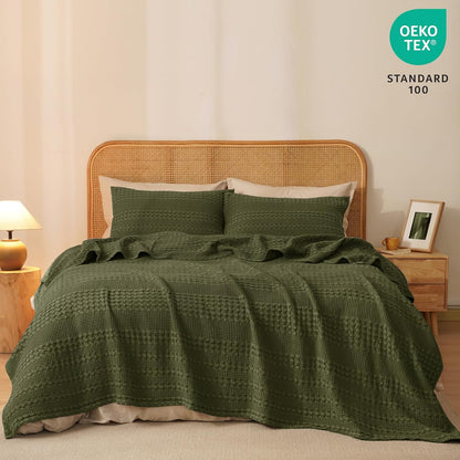 PHF 100% Cotton Waffle Weave Blanket Queen Size, Soft Lightweight Breathable Cozy Summer Blankets for Bed, Luxury Aesthetic Woven Bedding for Home Decor, 90"x90", Capulet Olive