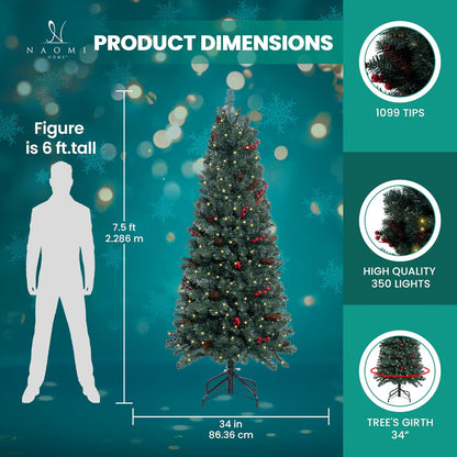Naomi Home Belen 7.5ft Pencil Christmas Tree Prelit pre-Decorated with Pine Cones, Red Berries, 1099 Branch Tips, 350 Warm Lights and Metal Stand, 34" Wide Skinny Christmas Tree with Lights
