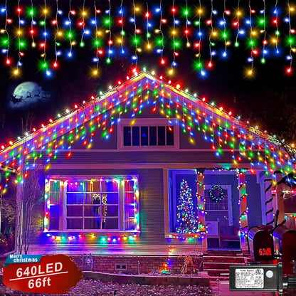 Icicle Christmas Lights Outdoor, 66FT 640 LED Icicle Lights for Outside with 8 Modes Timers, Waterproof Plug in Connectable String Light for Indoor Home Fence Yard Party Decorations, Multicolor