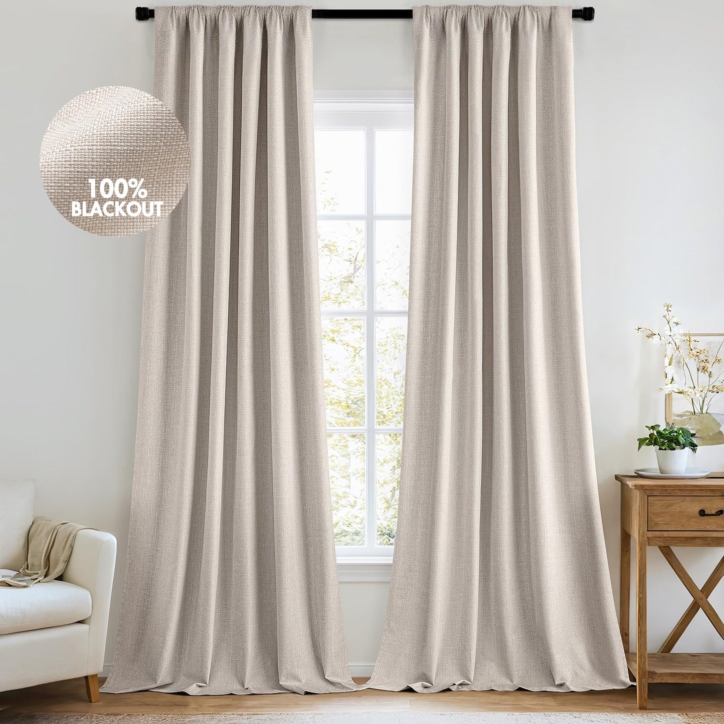 MIULEE 100% Blackout Curtains 84 Inch Long 2 Panels Set for Bedroom, Thick Luxury Faux Linen Black Out Curtain Room Darkening Back Tab Pleat Window Textured Drapes with Hooks for Living Room, Beige