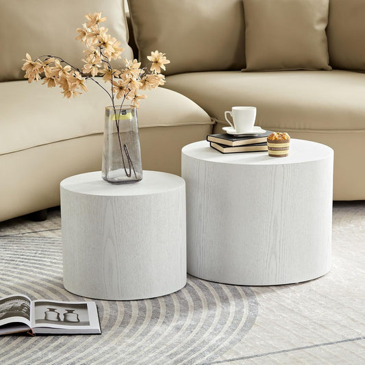 WILLIAMSPACE 18.9" White Nesting Coffee Table Set of 2, Modern Black Round Coffee Tables Circle