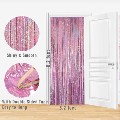 GOER 3.2 ft x 8.2 ft Metallic Tinsel Foil Fringe Curtains Party Photo Backdrop Party Streamers for Birthday,Graduation,New Year Eve Decorations Wedding Decor(5 Packs,Laser Pink)