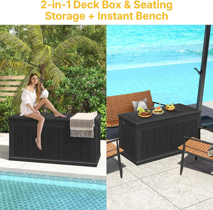 260 Gallon Deck Box Lockable, Outdoor Storage Box Waterproof and UV Resistant, Large Patio Storage Box with 1000 lbs Capacity, for Garden, Patio Furniture, Pool (Black)
