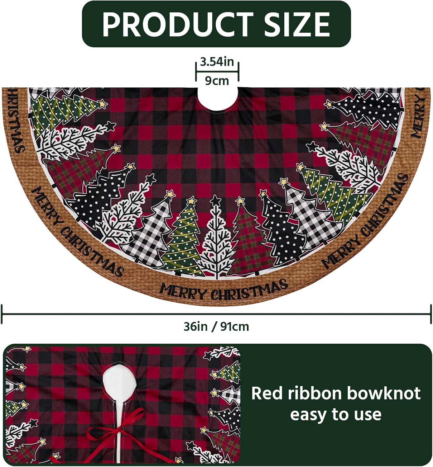 Christmas Tree Skirt 36 Inch, Red and Black Buffalo Plaid Xmas Tree Skirts, Winter Christmas Trees Mat for Home Party Holiday Indoor Outdoor Decorations