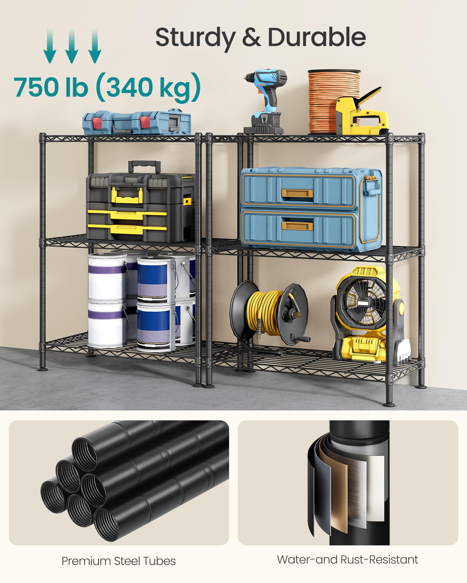SONGMICS Storage Shelf, Metal Wire Shelving Unit, Adjustable Shelves, for Garage, Bedroom, Living